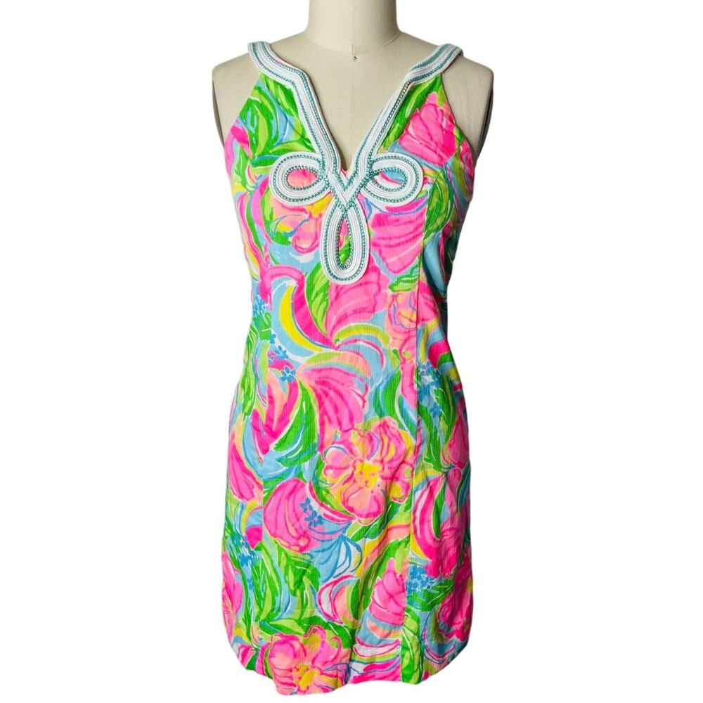 Lilly Pulitzer Pink Green Floral Braided Trim Cotton Shift Dress Size 2